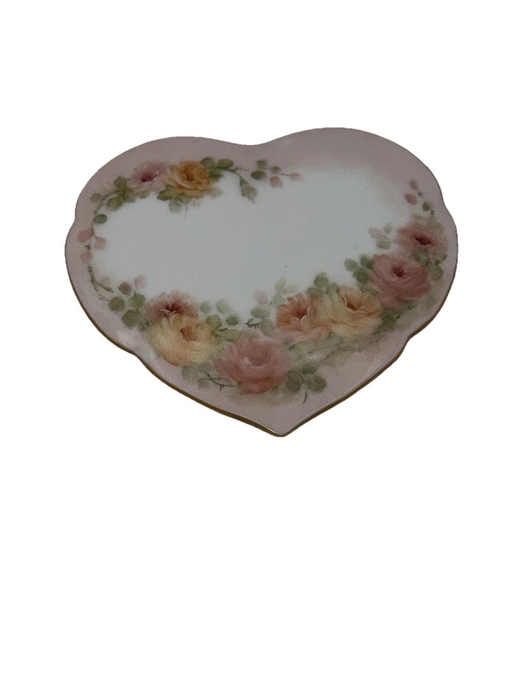 Vtg Porcelain Heart Shaped Pink Floral & Gold Trinket Gift Valentines Box 4"